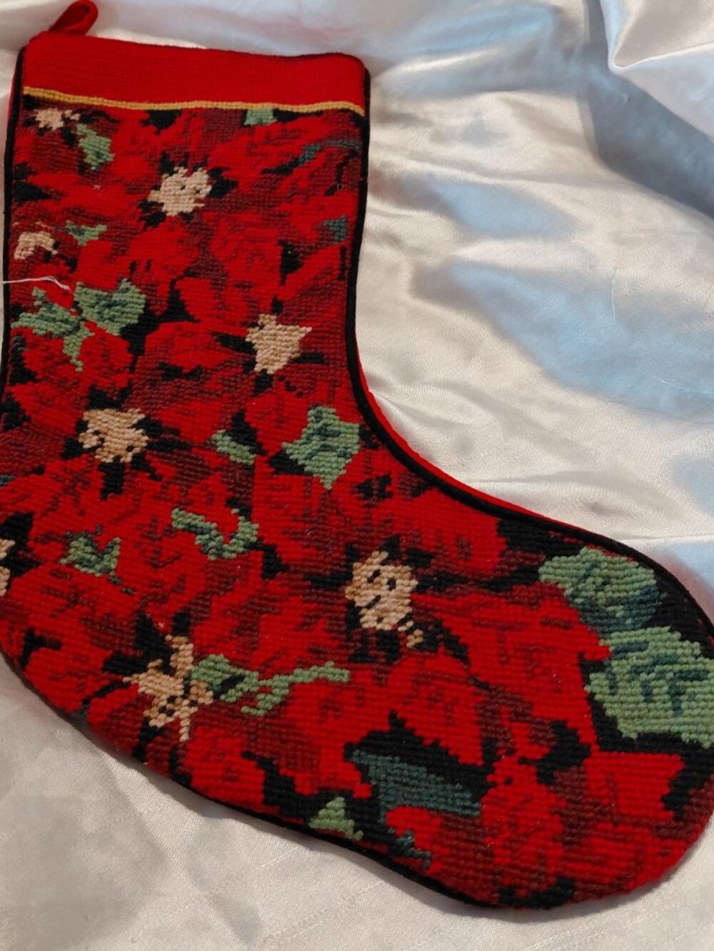 NWOT Needlepoint  Wool Front /Velvet Back  Pointsetta Christmas Stocking